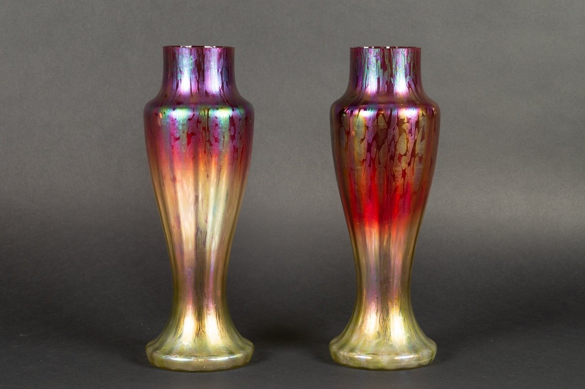 Paire De Vases Irisés, Art Nouveau, Bohème, Wilhelm Kralik ? Ca. 1900.