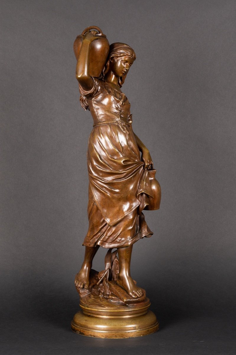 Young Girl With A Jug, Edouard Drouot (1859-1945), Bronze, France, 19th Century.-photo-2