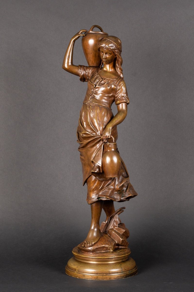 Young Girl With A Jug, Edouard Drouot (1859-1945), Bronze, France, 19th Century.-photo-3