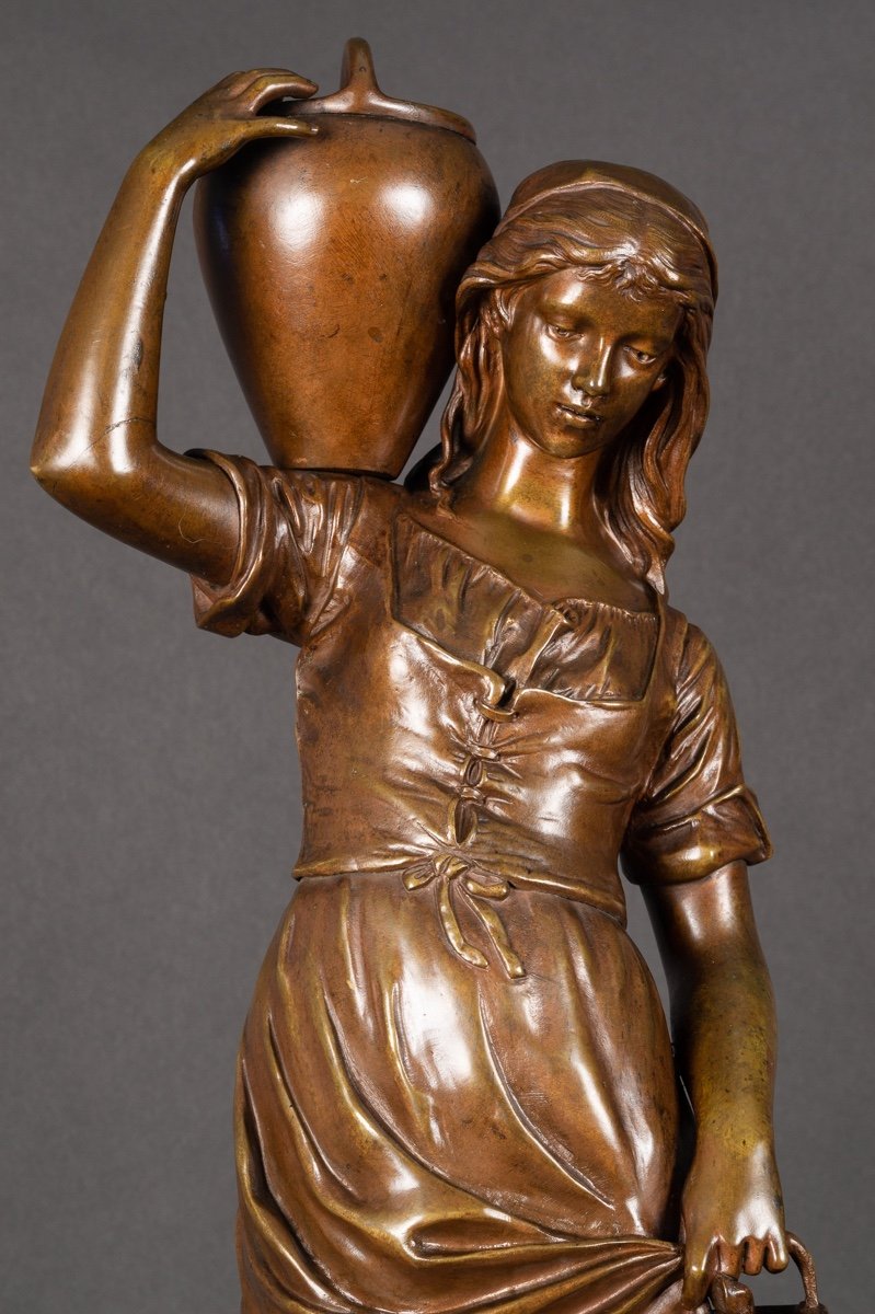 Young Girl With A Jug, Edouard Drouot (1859-1945), Bronze, France, 19th Century.-photo-1