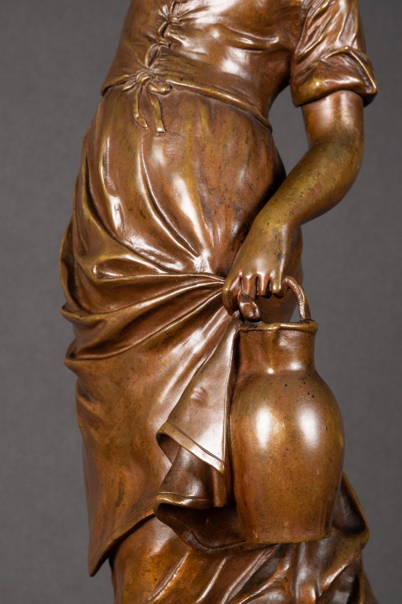 Young Girl With A Jug, Edouard Drouot (1859-1945), Bronze, France, 19th Century.-photo-5