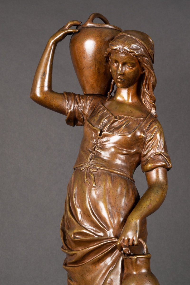 Young Girl With A Jug, Edouard Drouot (1859-1945), Bronze, France, 19th Century.-photo-6