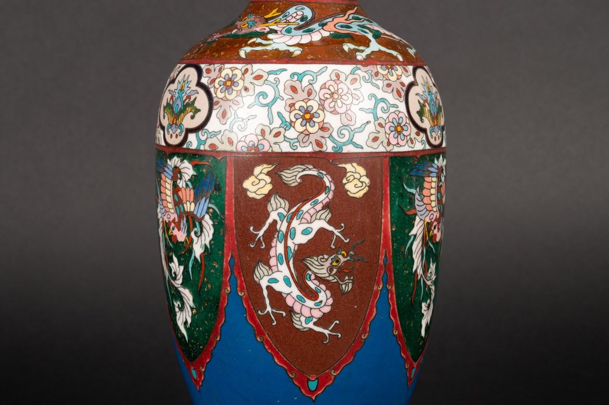 Vase Cloisonné Avec Dragons Et Phénix, Japon, ère Meiji (1868-1912). -photo-2