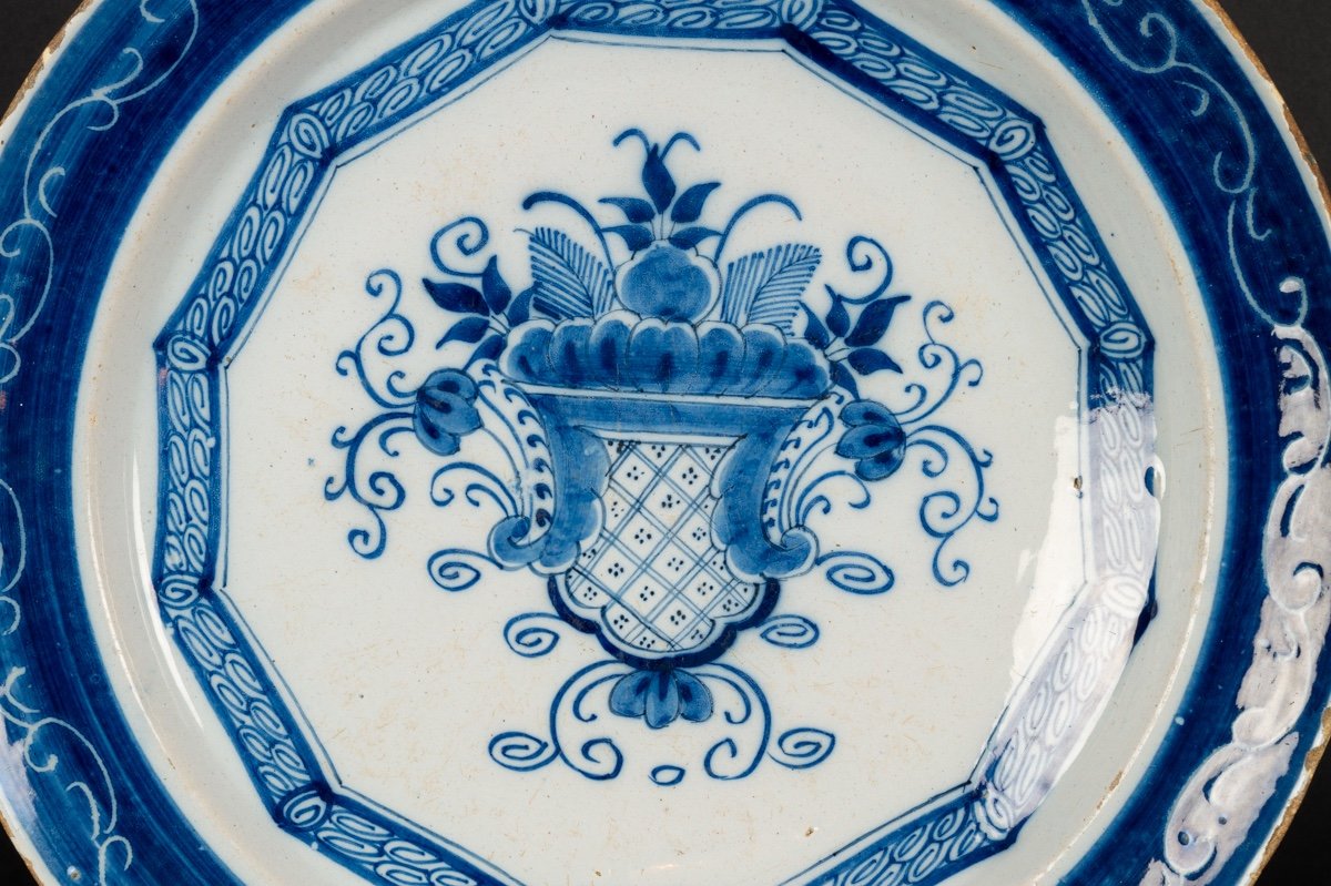 Dish With Basket Of Flowers, Earthenware, Delft, Netherlands, 18th Century.-photo-3