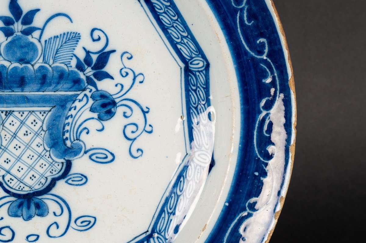 Dish With Basket Of Flowers, Earthenware, Delft, Netherlands, 18th Century.-photo-2