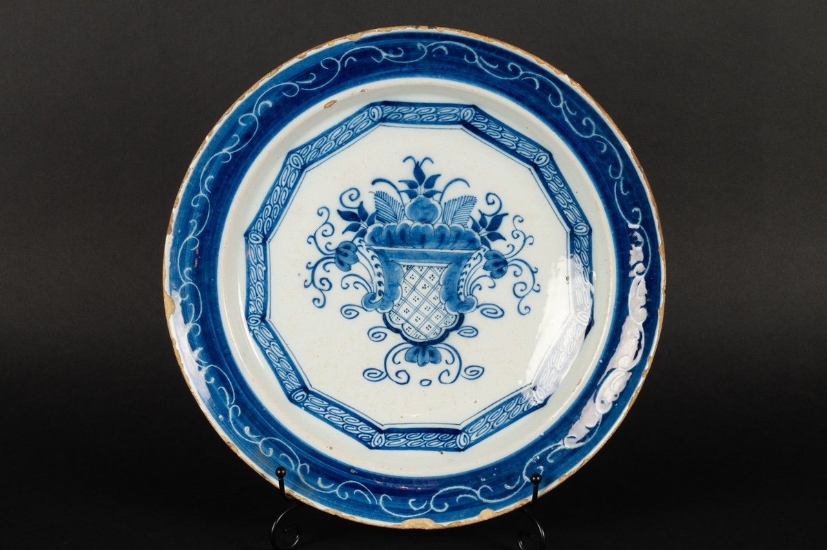 Dish With Basket Of Flowers, Earthenware, Delft, Netherlands, 18th Century.