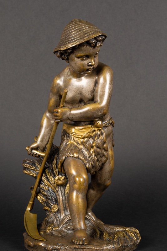 Garçon Fauchant Le Blé, Bronze Argenté, Eugène Laurent (1832-1898), France, XIXe Siècle. -photo-1