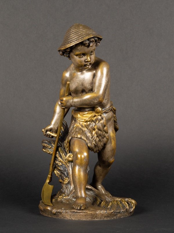 Garçon Fauchant Le Blé, Bronze Argenté, Eugène Laurent (1832-1898), France, XIXe Siècle. 