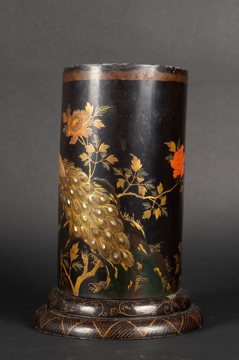 Brush Pot With Peacock And Peony, Lacquer, Japan, Meiji Era (1868-1912).-photo-4