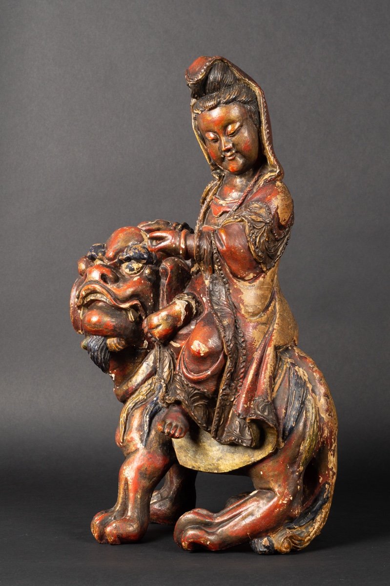 Guanyin With The Fo Dog, China, Qing Dynasty, 17th-18th Century, Polychrome Wood. -photo-3