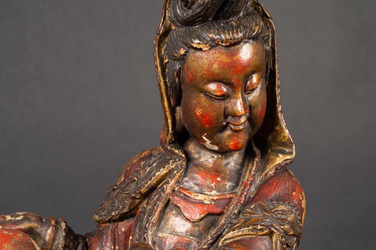 Guanyin With The Fo Dog, China, Qing Dynasty, 17th-18th Century, Polychrome Wood. -photo-6