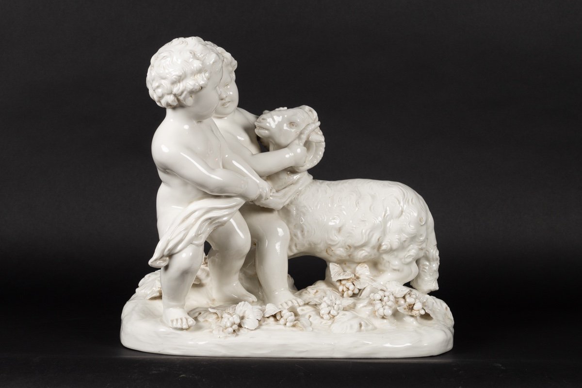 Pair Of Putti With A Ram, Joseph d'Aste, Capodimonte, Naples, Early 20th Century.-photo-2