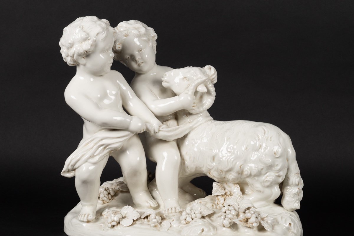 Pair Of Putti With A Ram, Joseph d'Aste, Capodimonte, Naples, Early 20th Century.-photo-1