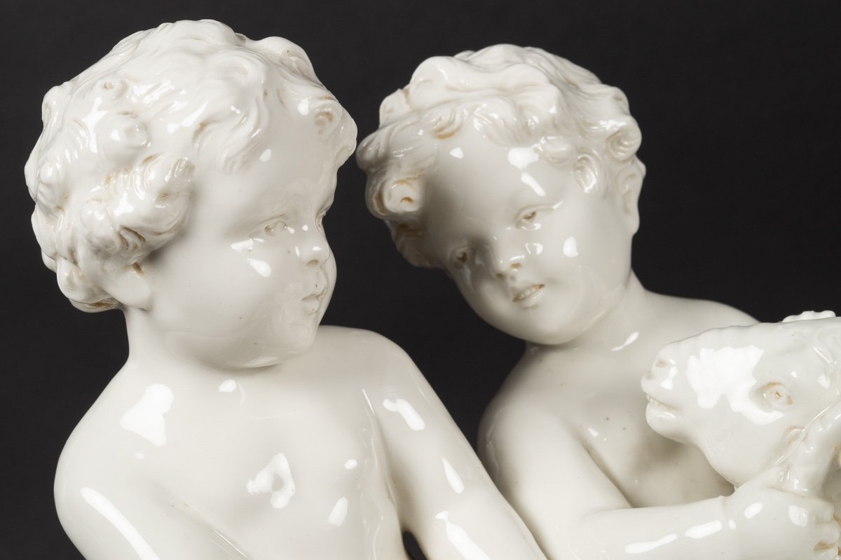 Pair Of Putti With A Ram, Joseph d'Aste, Capodimonte, Naples, Early 20th Century.-photo-3