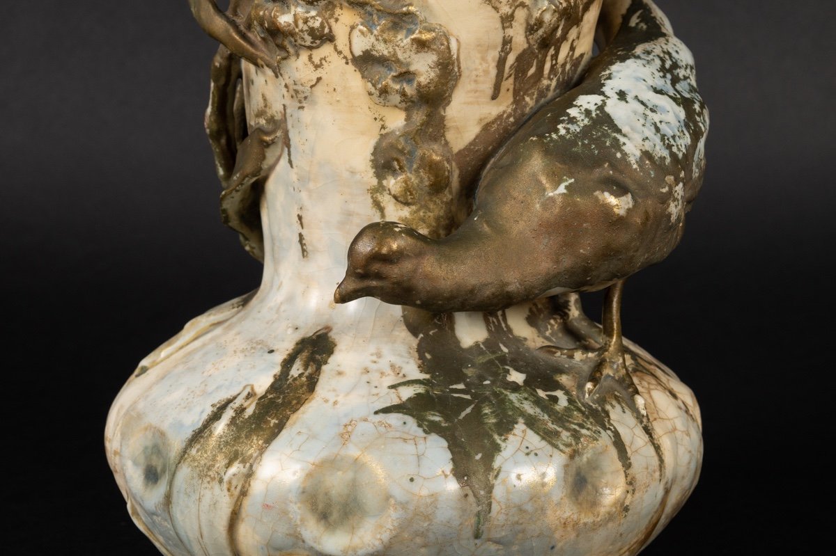 Pheasant Vase, Amphora, Austria, Turn-teplitz, Circa 1900.   -photo-3