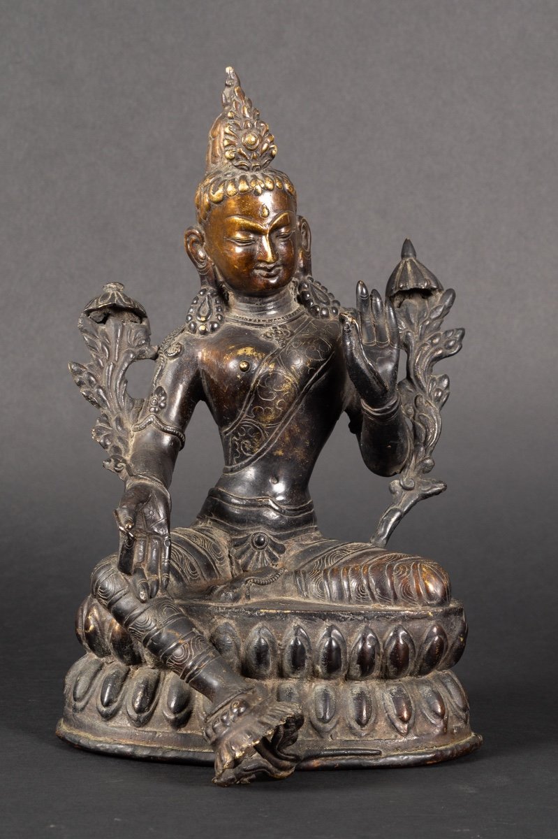 Tara Verte, Bronze Patiné, Tibet/népal, XIXe/XXe Siècle. -photo-2