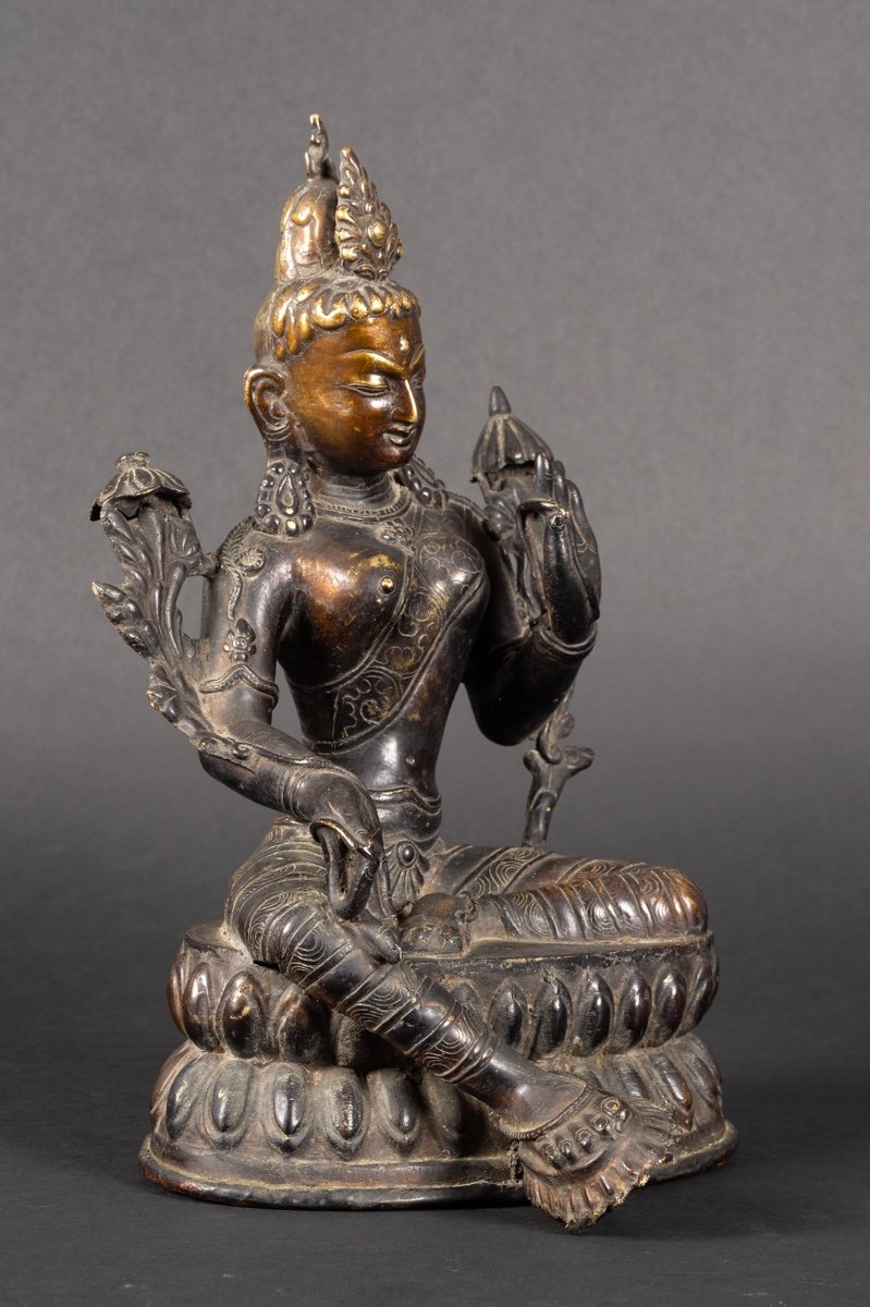 Tara Verte, Bronze Patiné, Tibet/népal, XIXe/XXe Siècle. -photo-3