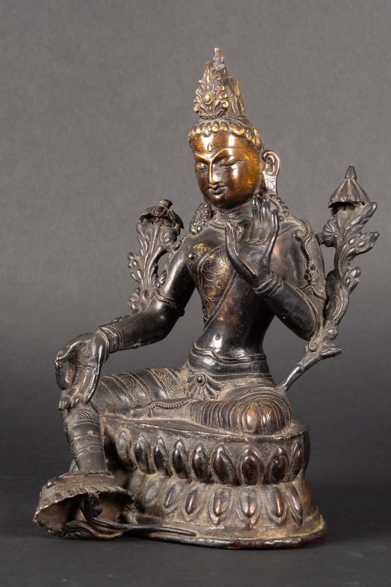 Tara Verte, Bronze Patiné, Tibet/népal, XIXe/XXe Siècle. -photo-4