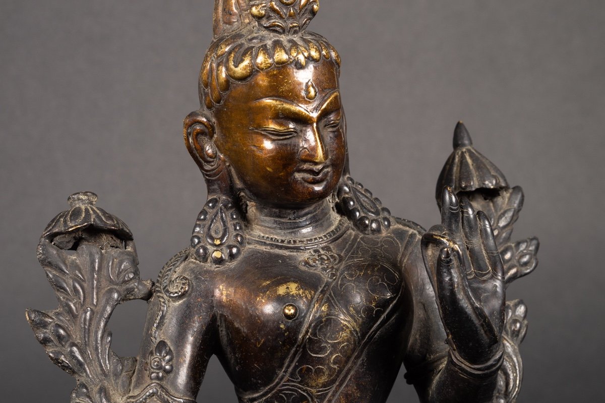 Tara Verte, Bronze Patiné, Tibet/népal, XIXe/XXe Siècle. -photo-4