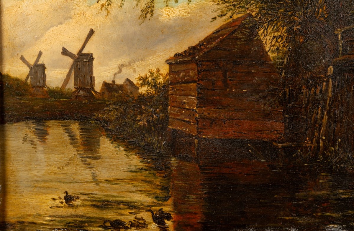 Landscape With Windmills, Oil On Wood, 18th / 19th Century. -photo-3