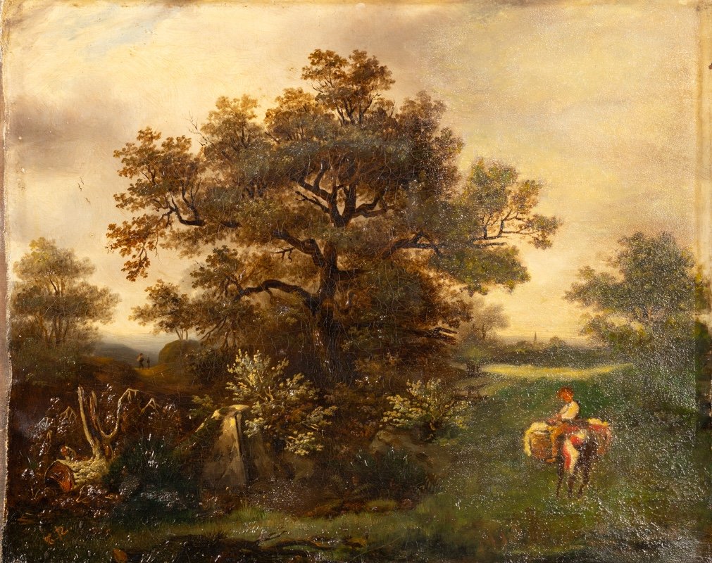 Paysage Avec Randonneurs, Huile Sur Toile, 19ème Siècle. -photo-2