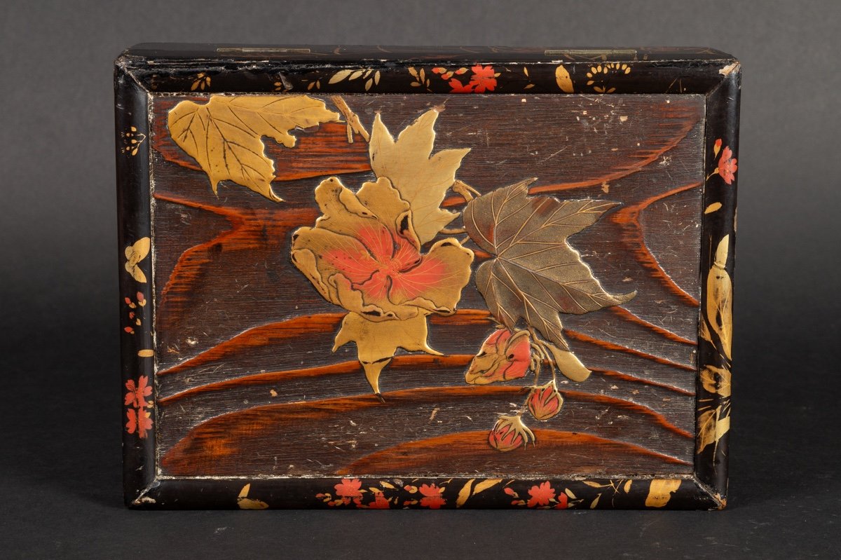 Coffret Tebako Avec Hibiscus, Laque Maki-e, Japon, ère Meiji (1868-1912).-photo-3