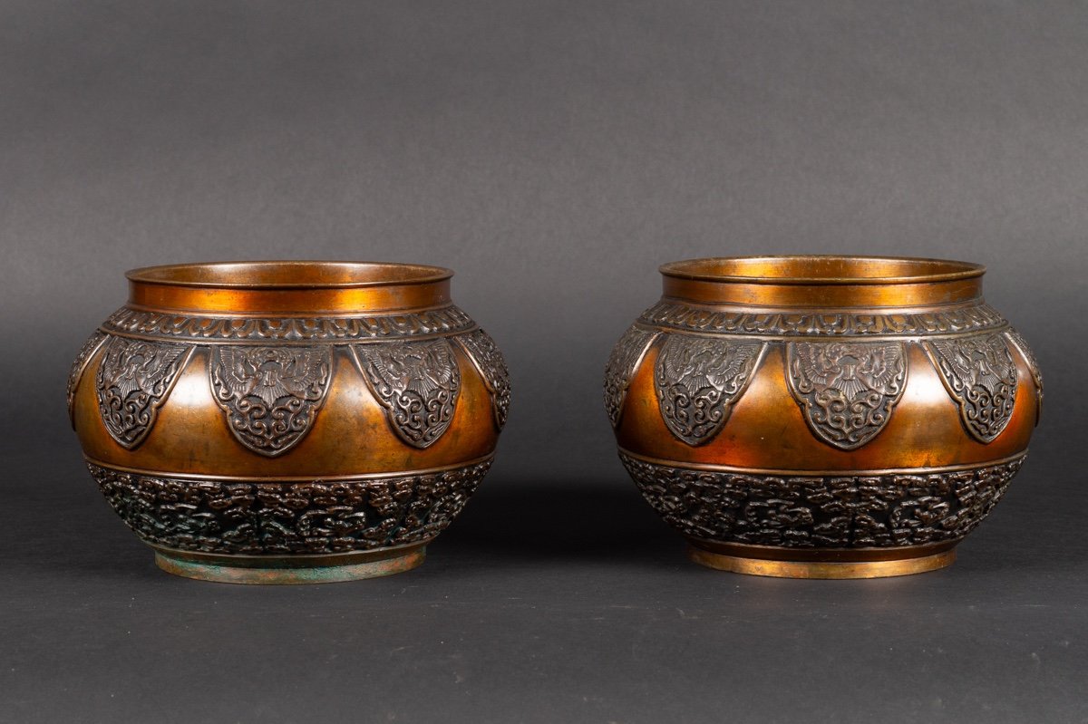 Pair Of Cache-pots, Bronze, Japan, Meiji Era (1868-1912).    -photo-2