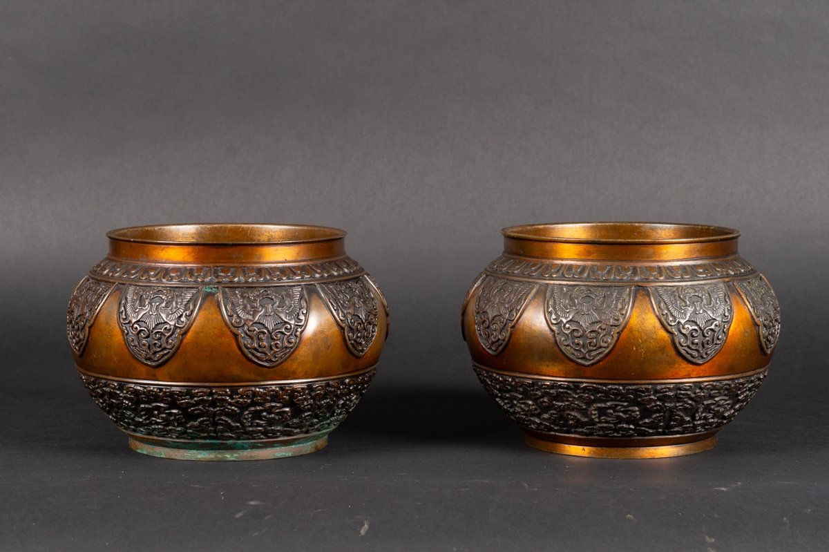 Pair Of Cache-pots, Bronze, Japan, Meiji Era (1868-1912).    -photo-3