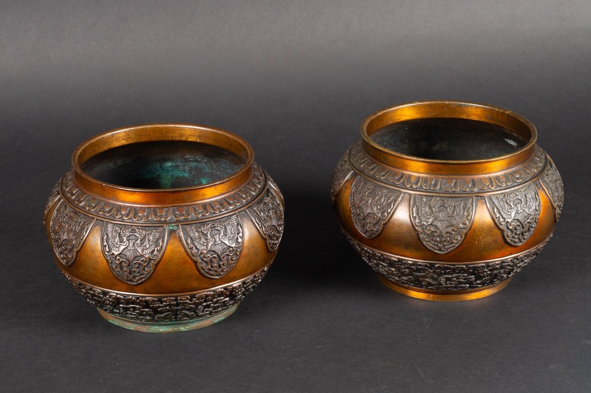 Pair Of Cache-pots, Bronze, Japan, Meiji Era (1868-1912).    -photo-4