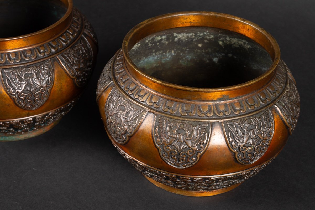 Pair Of Cache-pots, Bronze, Japan, Meiji Era (1868-1912).    -photo-1