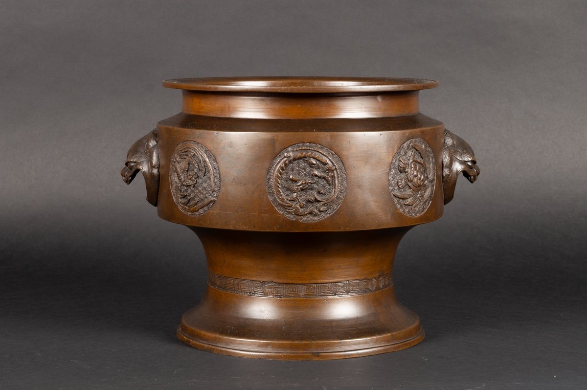 Cache Pot Avec Animaux, Bronze, Japon, ère Meiji (1868-1912). -photo-3