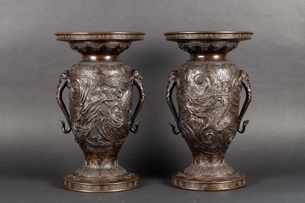 Pair Of Vases With Elephants And Dragons, Bronze, Japan, Meiji Era (1868-1912).-photo-3