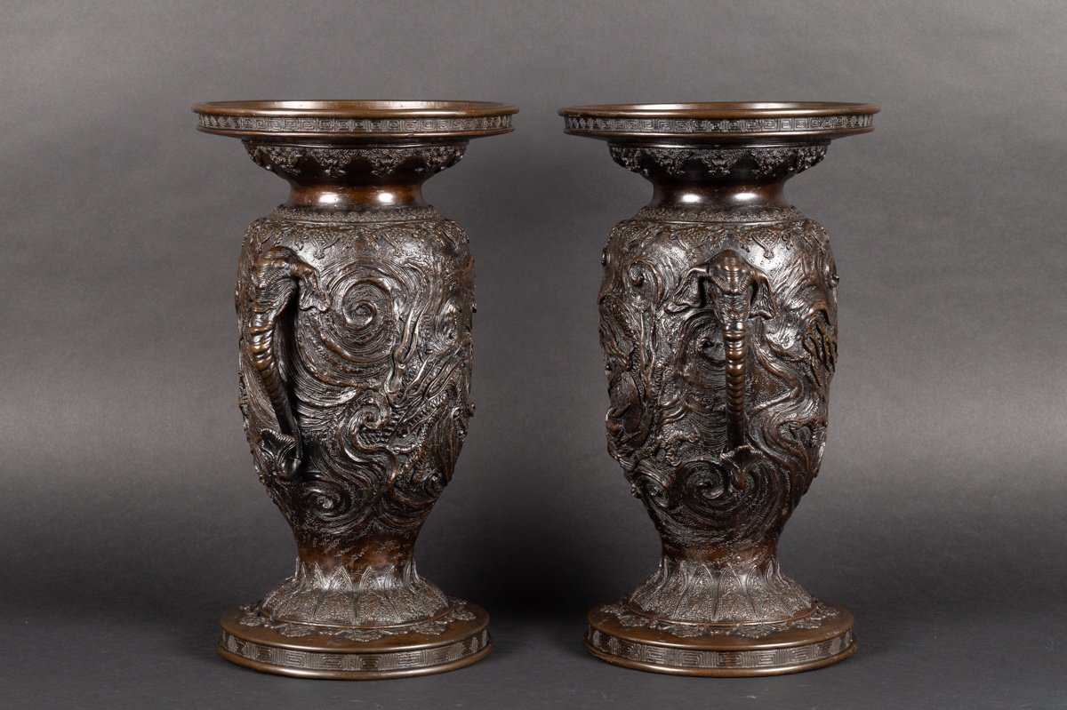 Pair Of Vases With Elephants And Dragons, Bronze, Japan, Meiji Era (1868-1912).-photo-4