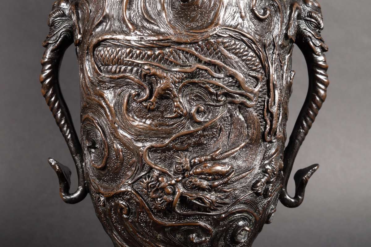 Pair Of Vases With Elephants And Dragons, Bronze, Japan, Meiji Era (1868-1912).-photo-2