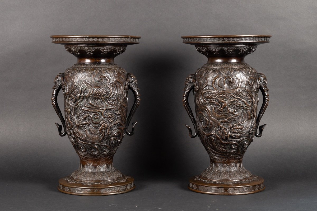 Pair Of Vases With Elephants And Dragons, Bronze, Japan, Meiji Era (1868-1912).