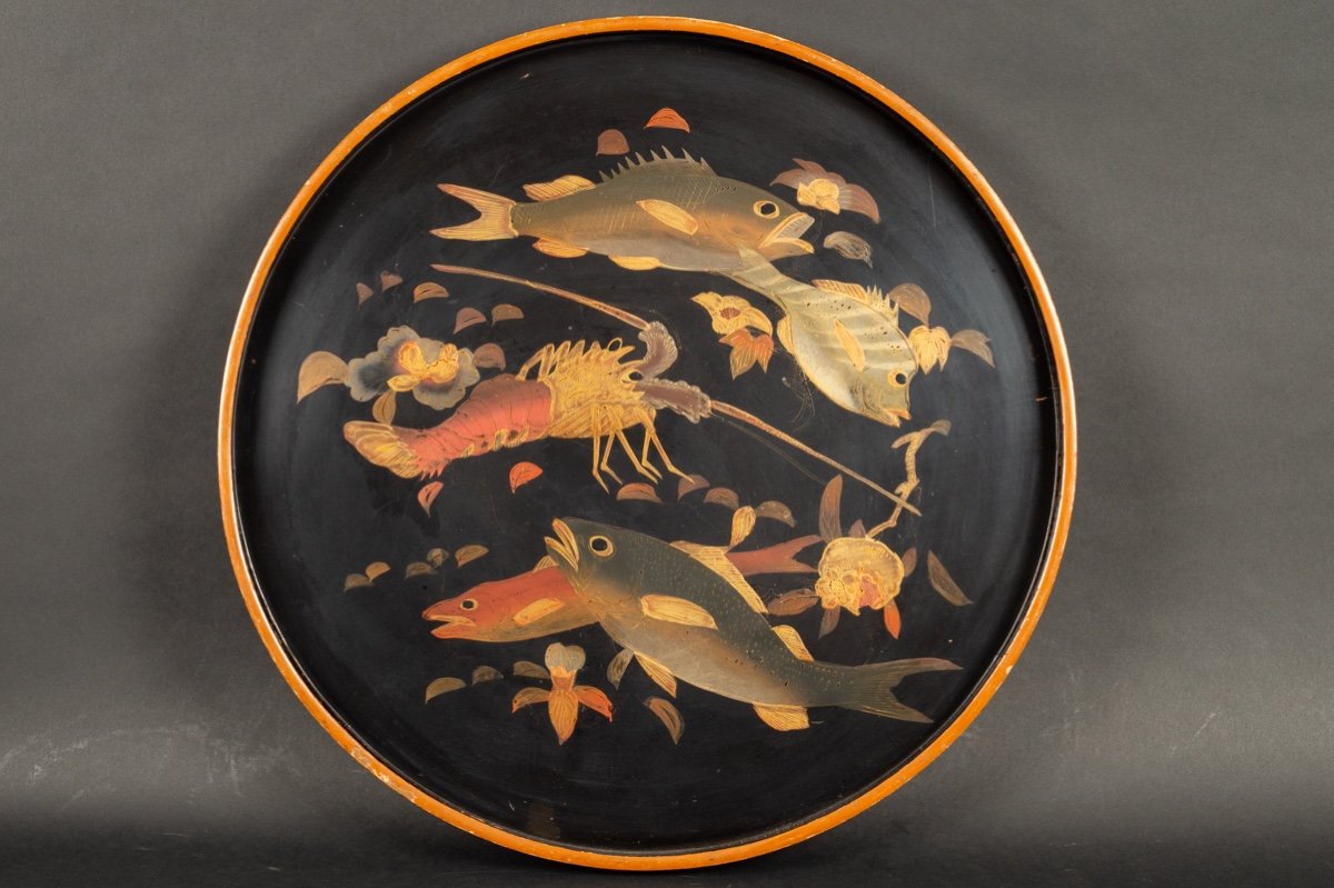 Fish And Lobster Tray, Lacquer, Japan, Meiji Era (1868-1912). 