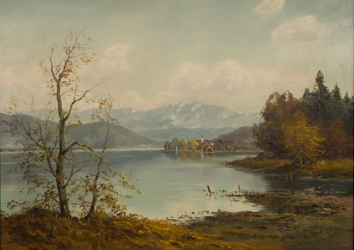 Lake Constance, Oil On Canvas, Schuster, Munich, 20th Century.-photo-1