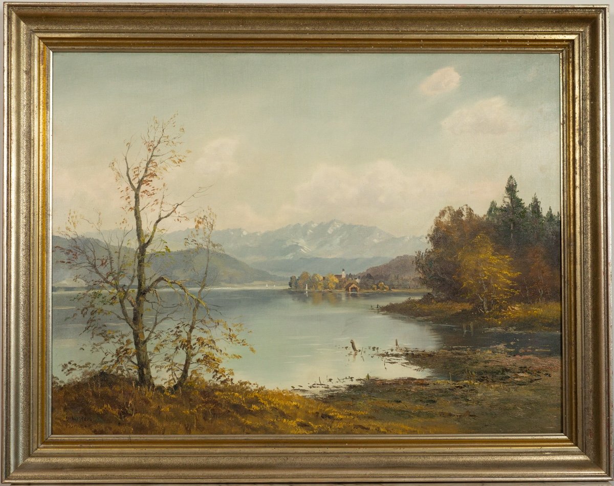 Lake Constance, Oil On Canvas, Schuster, Munich, 20th Century.