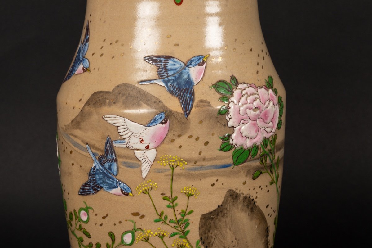 Vase Avec Oiseaux Et Fleurs, Japon, ère Meiji (1868-1912).  -photo-2