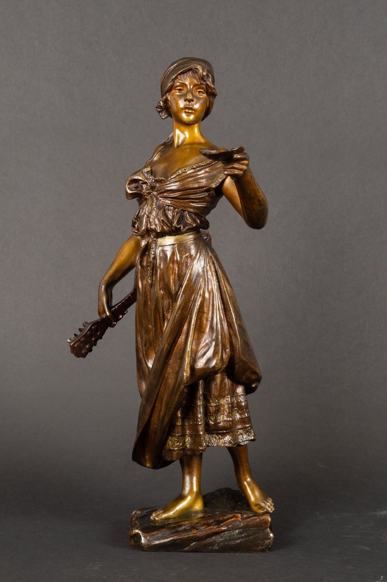 Femme à La Mandoline, Emmanuel Villanis (1858-1914), Bronze, Art Nouveau, Vers 1900. -photo-2