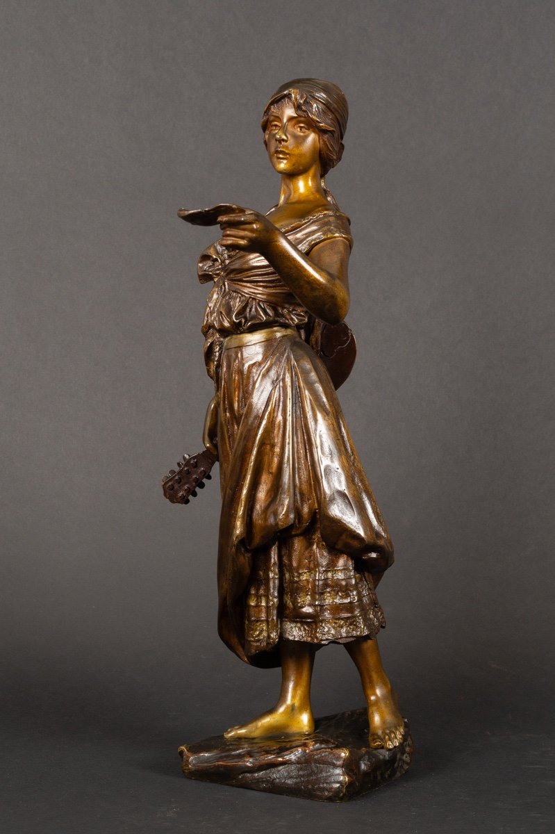 Femme à La Mandoline, Emmanuel Villanis (1858-1914), Bronze, Art Nouveau, Vers 1900. -photo-3