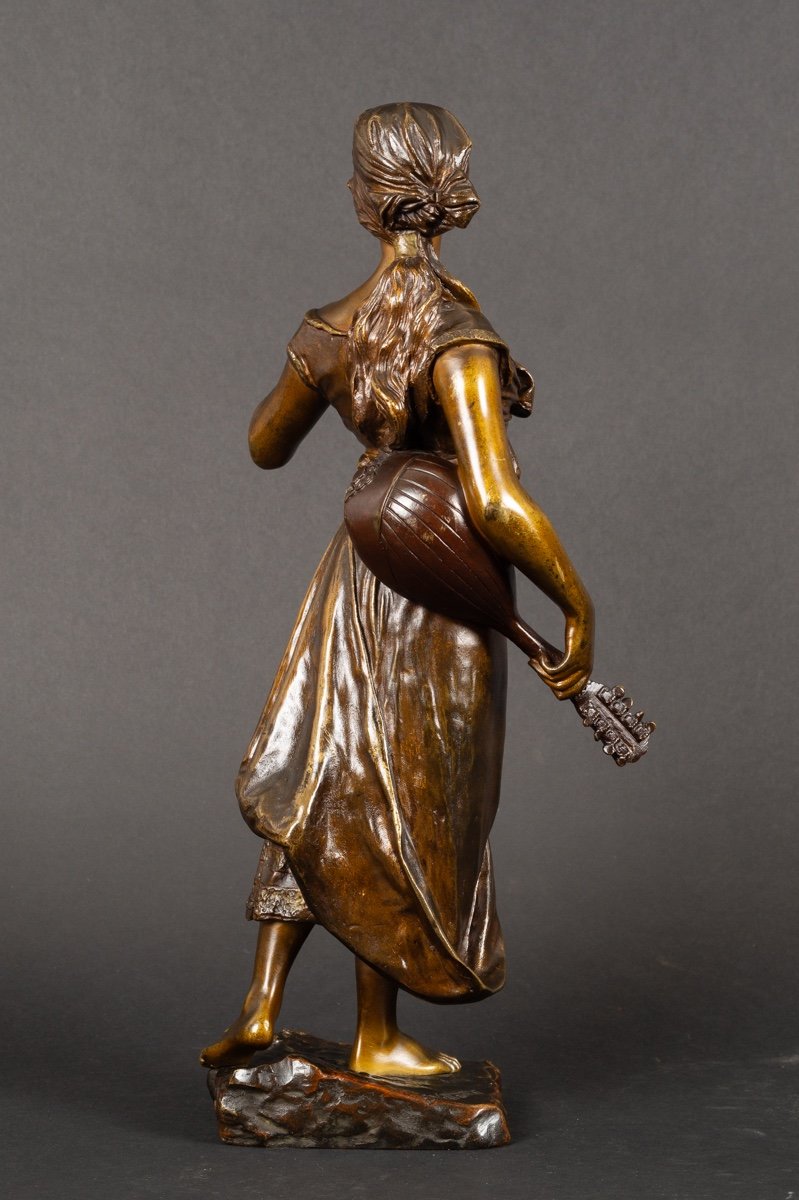 Femme à La Mandoline, Emmanuel Villanis (1858-1914), Bronze, Art Nouveau, Vers 1900. -photo-4