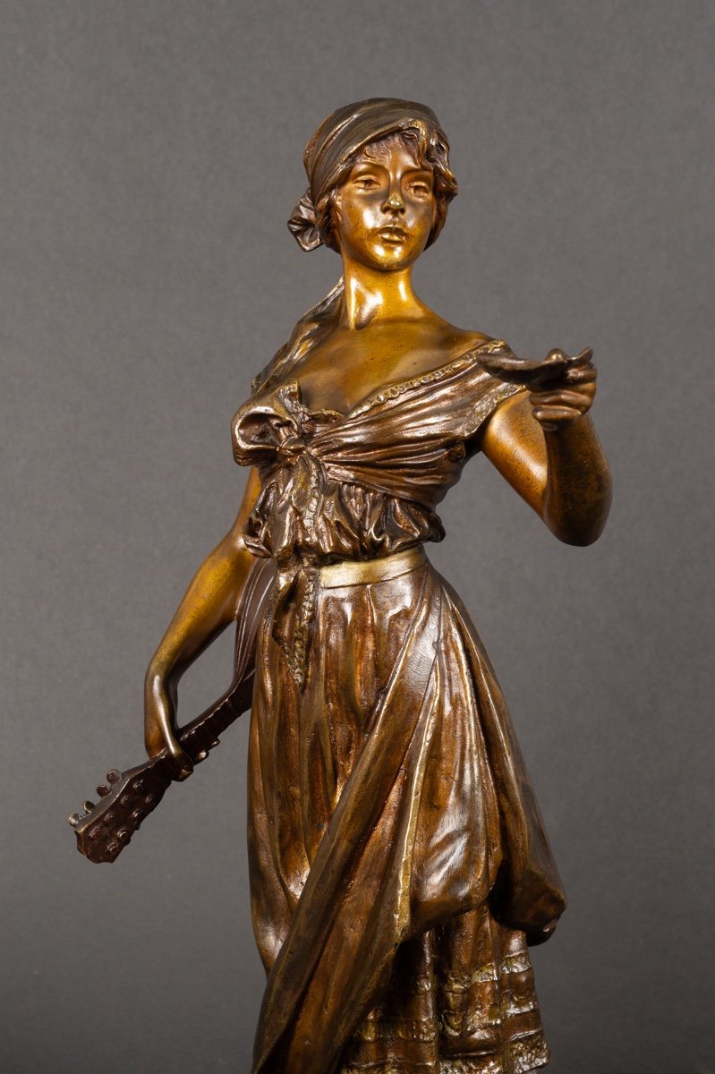 Femme à La Mandoline, Emmanuel Villanis (1858-1914), Bronze, Art Nouveau, Vers 1900. -photo-1