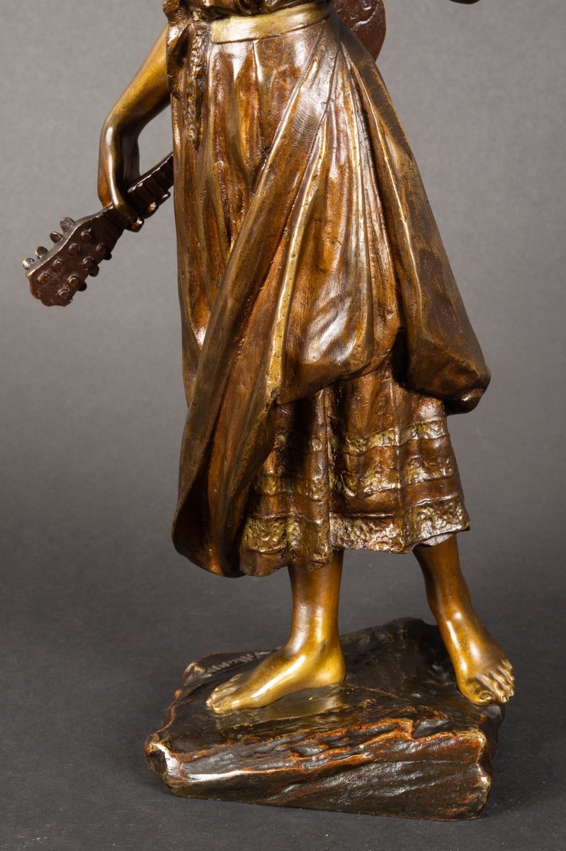 Femme à La Mandoline, Emmanuel Villanis (1858-1914), Bronze, Art Nouveau, Vers 1900. -photo-2