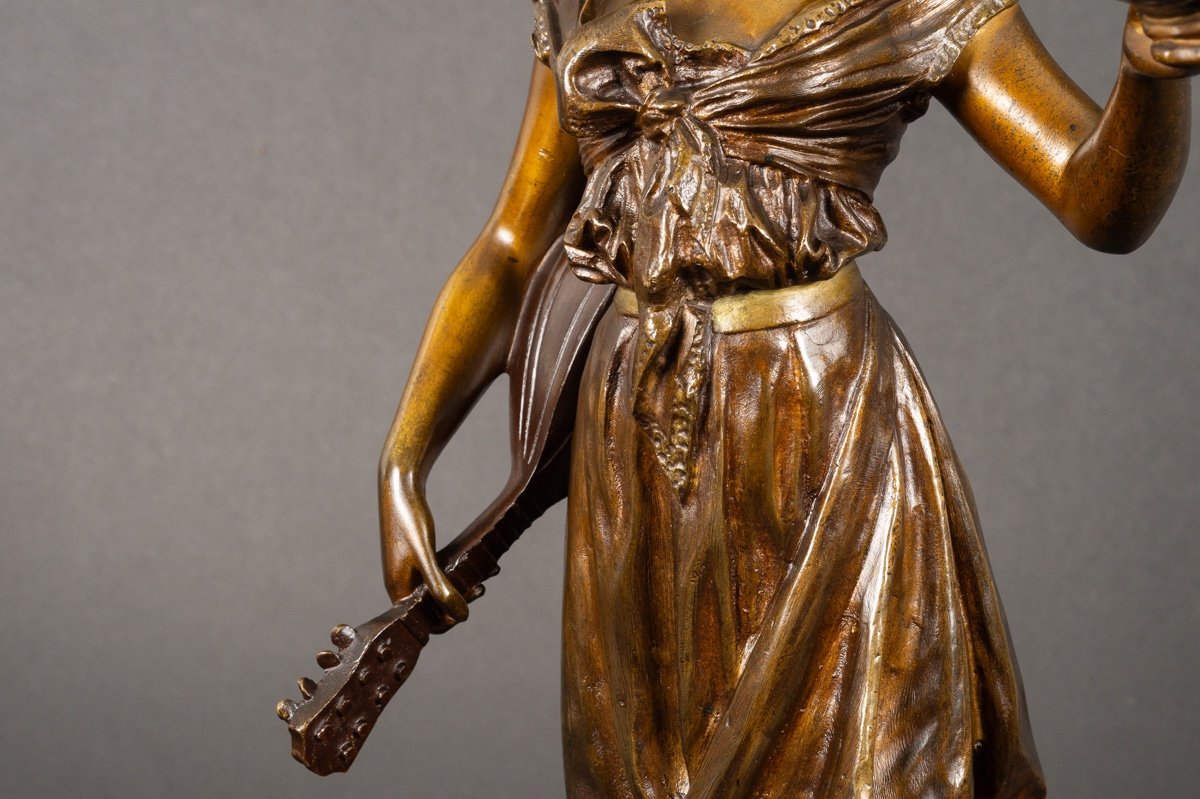 Femme à La Mandoline, Emmanuel Villanis (1858-1914), Bronze, Art Nouveau, Vers 1900. -photo-5