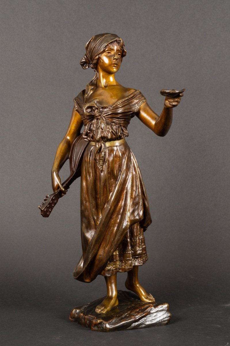 Femme à La Mandoline, Emmanuel Villanis (1858-1914), Bronze, Art Nouveau, Vers 1900. 