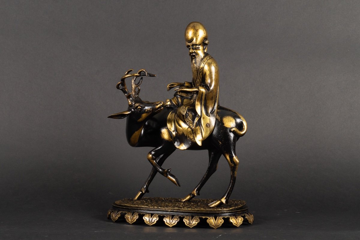 Shoulao On A Deer, Bronze, China, Qing Dynasty, 19th Century.  -photo-3