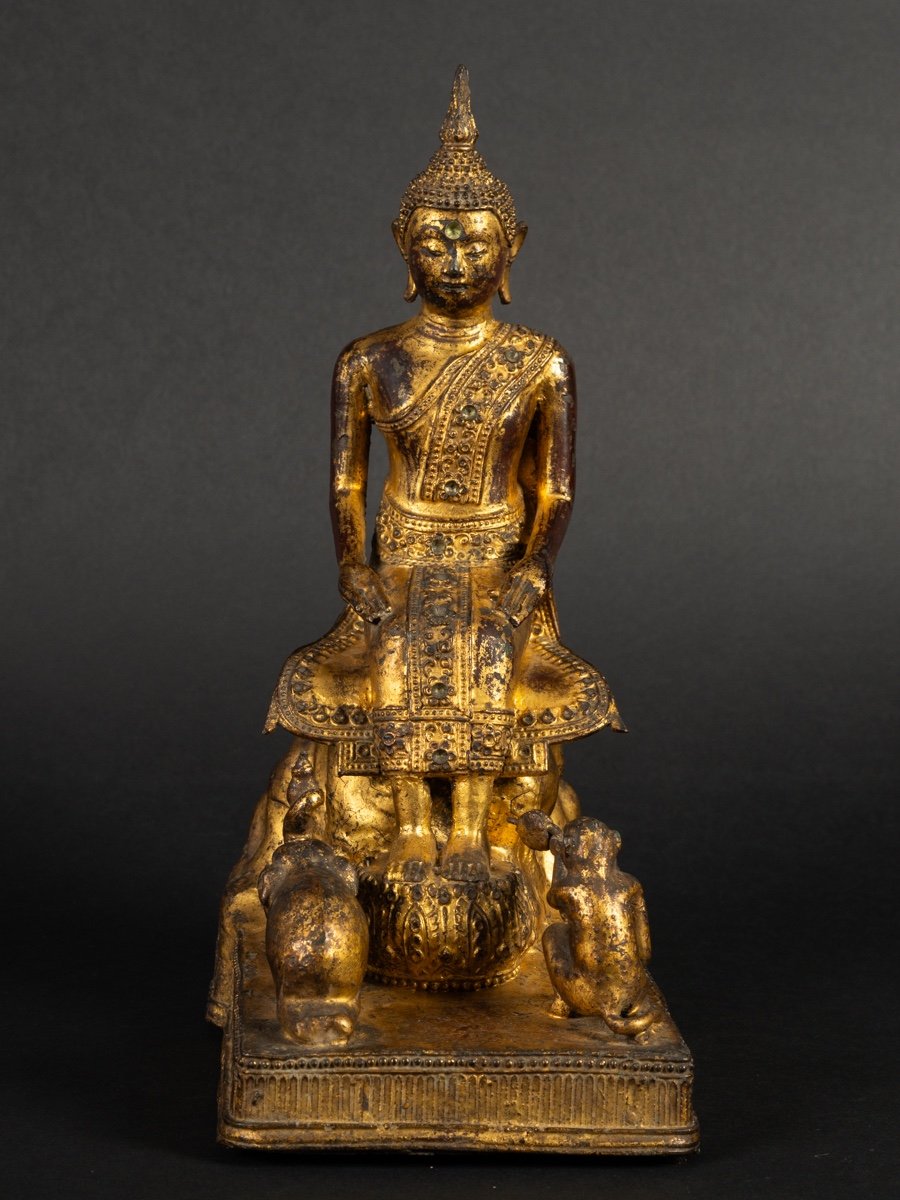 Buddha With Animals, Gilt Bronze, Rattanakosin, Thailand, 19th Century.  -photo-2