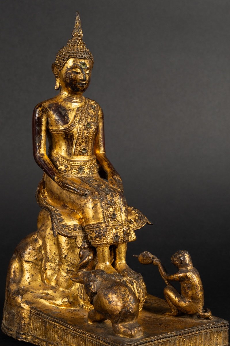 Buddha With Animals, Gilt Bronze, Rattanakosin, Thailand, 19th Century.  -photo-1