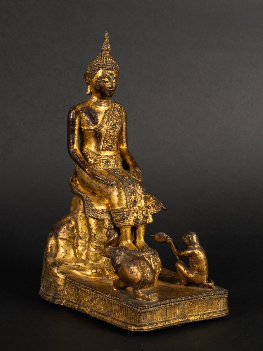 Buddha With Animals, Gilt Bronze, Rattanakosin, Thailand, 19th Century.  